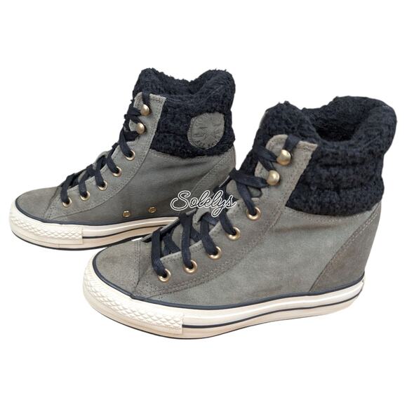 Converse 2014 Platform Plus Sherpa Hidden Wedge Grey Suede Sneaker Boot 7.5 - Picture 4 of 11
